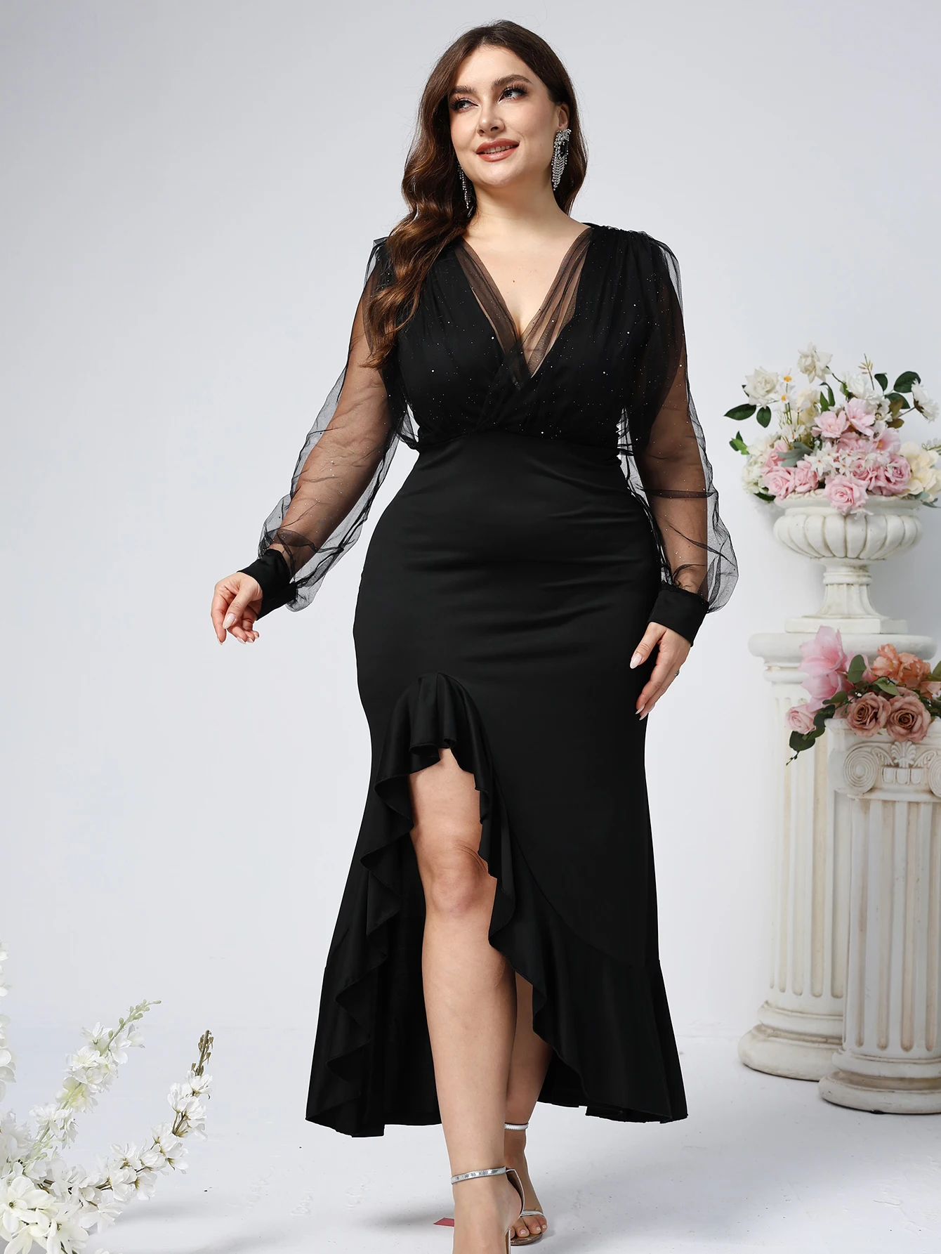 Ladies\' Plus Size V-neck Evening Dress With Long Sleeves Brilled Slit Wavy Satin Long Dress Elegant Wedding Party Dance Dress