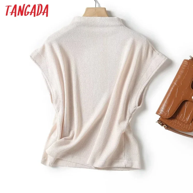 Tangada Women 2024 Fashion Stand Collar Knitted Sweater Jumper Female Crop Pullovers 4C141