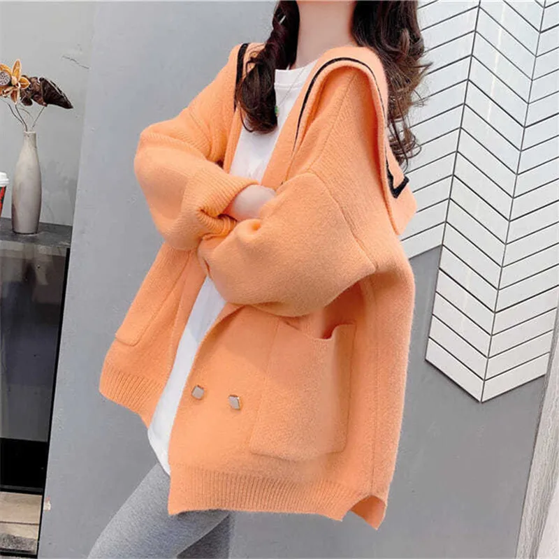 

Spring Autumn Knitted Sweater Women Korean Loose Cardigan Jumpers Ladies Big Pocket Double Breasted Long Sleeve Knit Tops Female