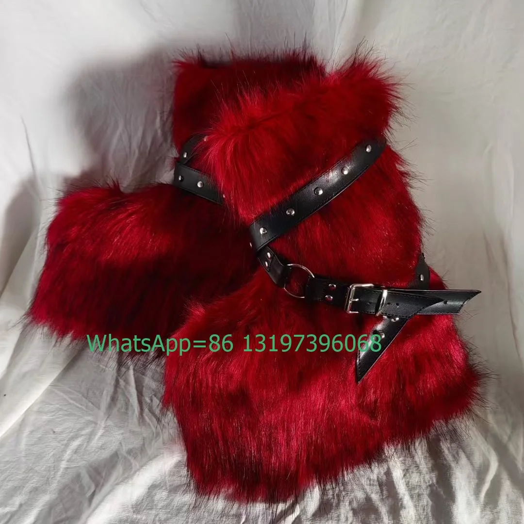 Lady Red Fur Design Calf Boots Black Spike Buckle Strap Boots Platform Cosplay Runway New Arrive Boots Red Punk Vintage Boots 46