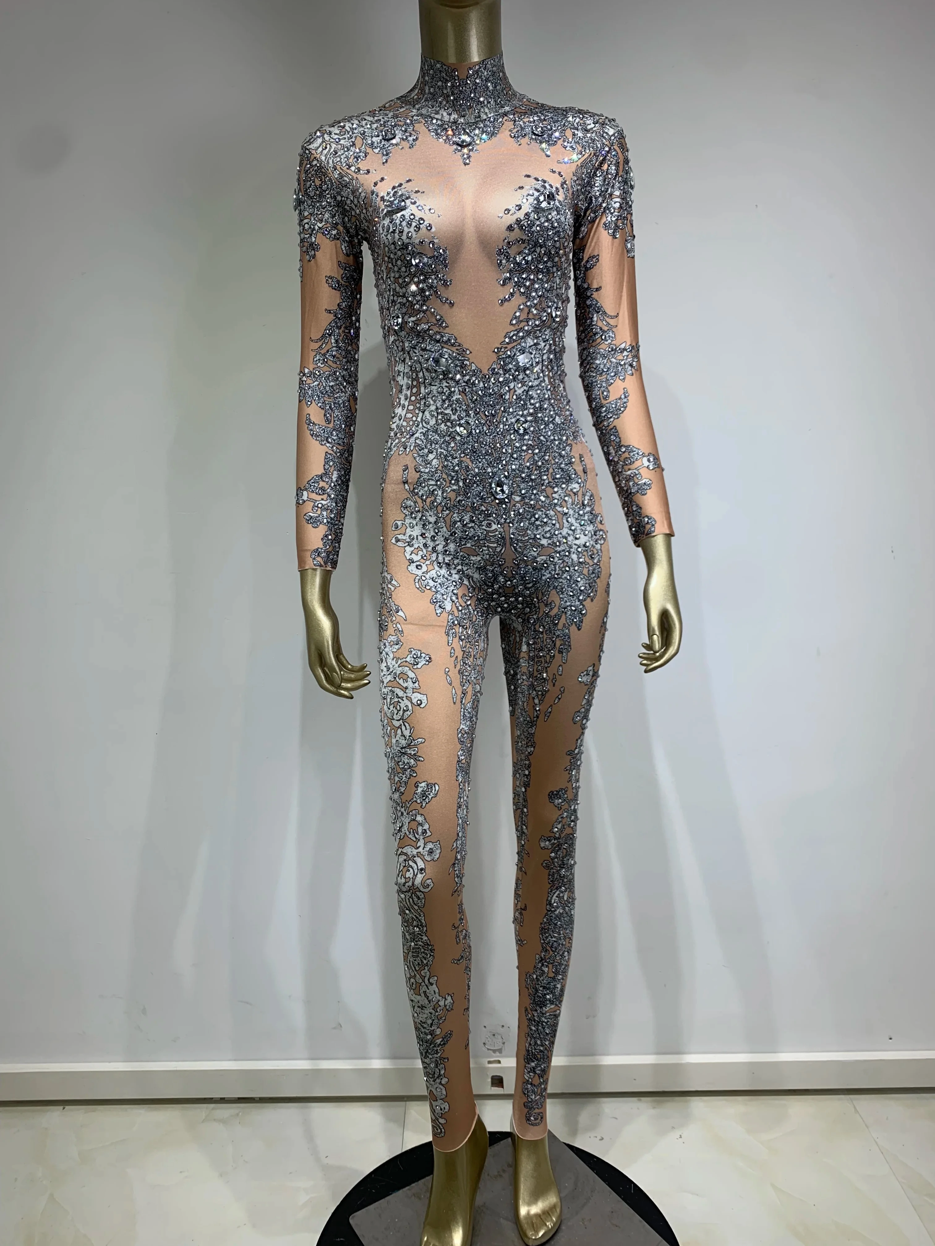 Stock Halloween Women Long Sleeve Rhinestone Sequins Jumpsuit Birthday Party Costume Bar Nightclub Stage Performance Rompers