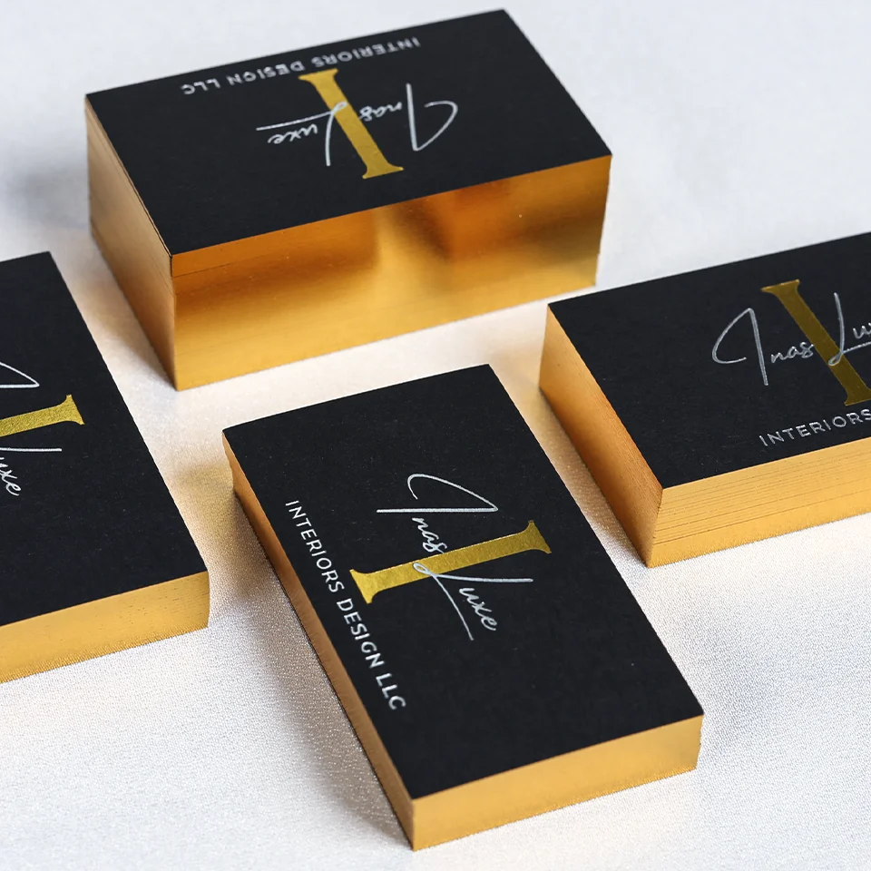 Custom luxury black gold foil recycled business card printing with golden border / edge