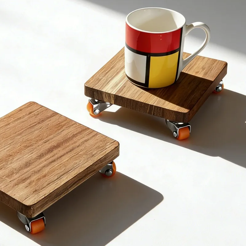 Nordic Solid Wood Square Coasters with Wheels, Movable Heat Resistant Mat for Table, Drink Coaster Set, Home Kitchen Decor Gift