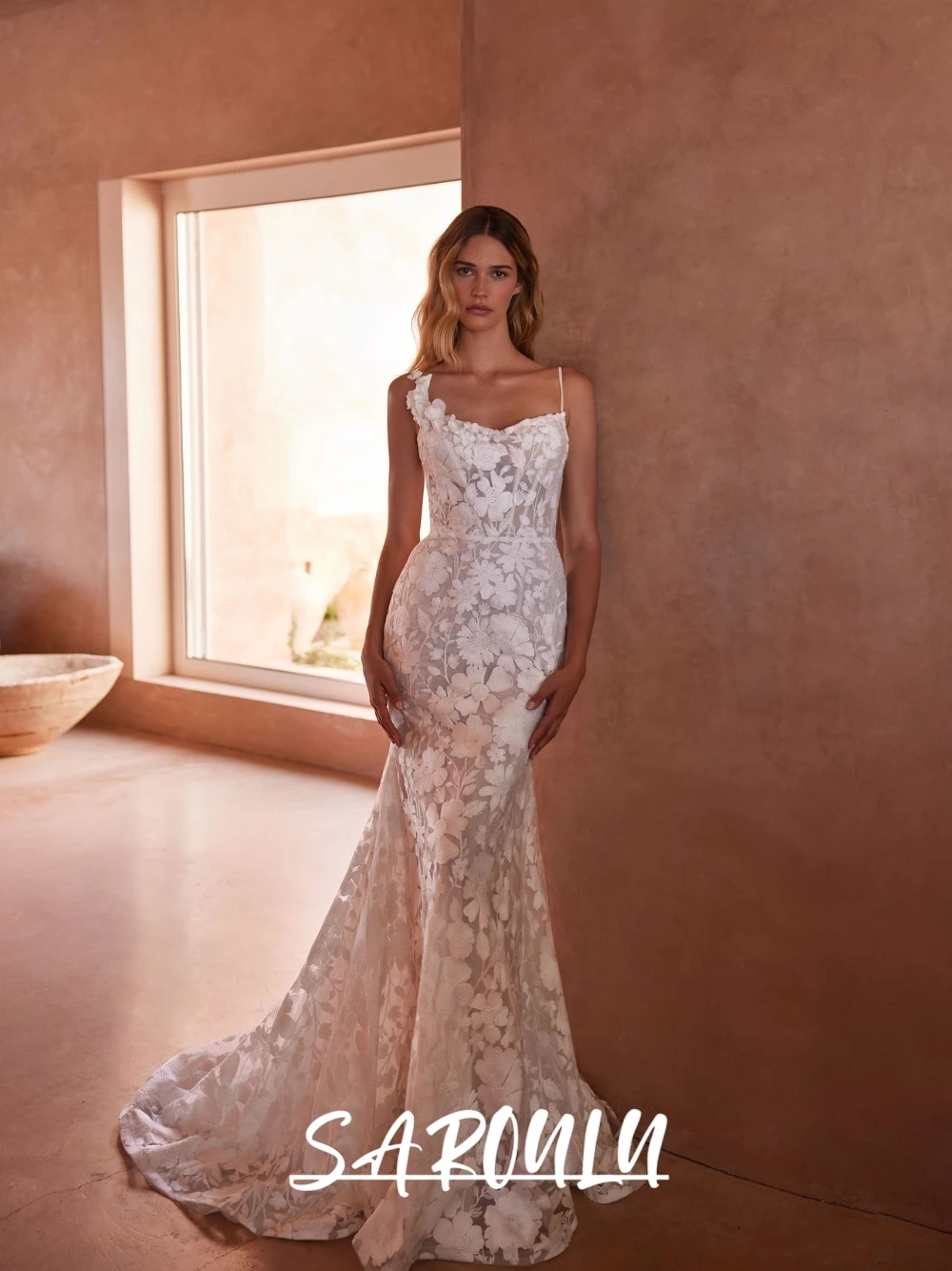 

Elegant 3D Floral Lace Wedding Gown 2026 Romantic Asymmetrical Strap Slim Fit Mermaid Bridal Dress With Train Customized