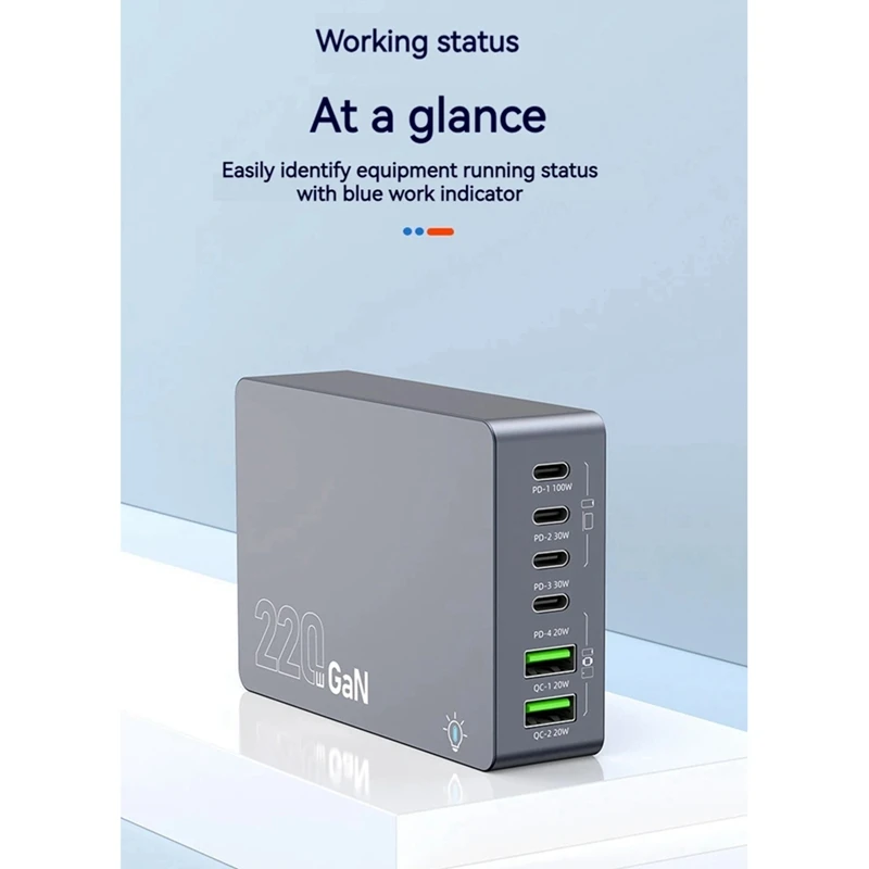 휴대폰 태블릿 노트북용 고속 데스크 충전 스테이션, 220W GAN 6 포트 USB PD 100W 노트북 충전기, USB C 타입 QC3.0