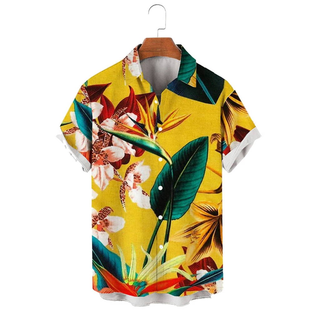 HXMen Shirts Fashion Brand Hawaiian Plant Leaf Crane Orchid Short Sleeve Shirt 3D Graphic Tops Ropa Hombre Men Clothing