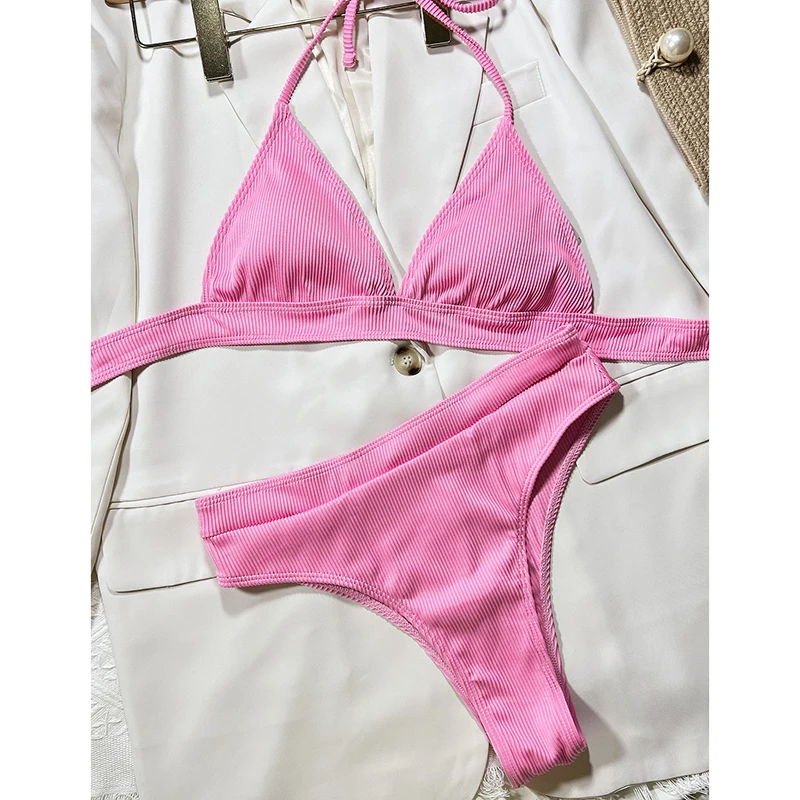 

Сексуальный купальник бикини женский треугольный Холтер с открытой спиной и разрезом купальный костюм бикини пуш-ап модный простой повседневный комплект из 2 предметов купальник