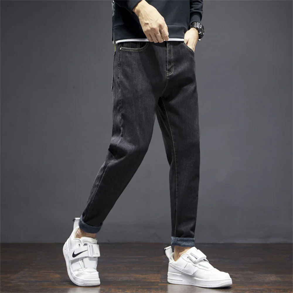 2022 Winter Men's Jeans Jogger  Harem Pants Cotton Banded Pant Korea Style Light Blue Hip Hop Beam Feet Casual Trousers Male