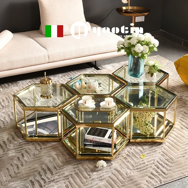 Modern light and luxury tempered glass coffee table hollowed-out geometry coffee table network celebrity creativity