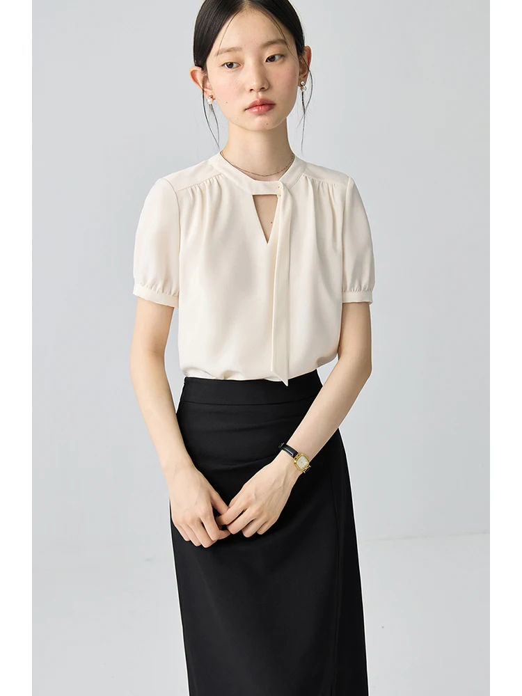 ZIQIAO Women Summer Commuter Sets Hollow Neck Design Female Short Sleeve Blouses Spilt Long Black Skirts 24ZQ92272+24ZQ92271