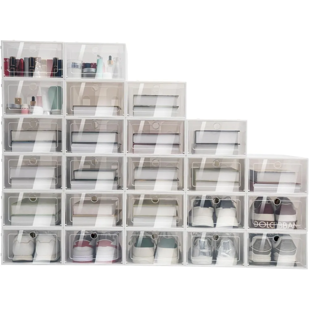 24 Pack Shoe Storage Boxs Foldable Clear Plastic Shoe Organizer for Closet Space Saving Stackable Shoe Rack for Entryway