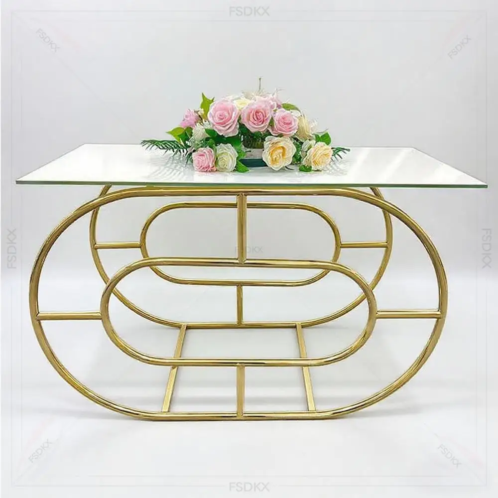 

FSDKX High Quality Stainless Steel Square Top Wedding Cake Table Gold Shiny Unique Dining Furniture for Hotel Use
