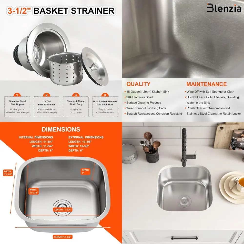 

14 Undermount Single Bowl Stainless Steel Kitchen Sink for RV, Camper, Wet Bar, Outdoor, and Laundry - 14 x 14 x 6