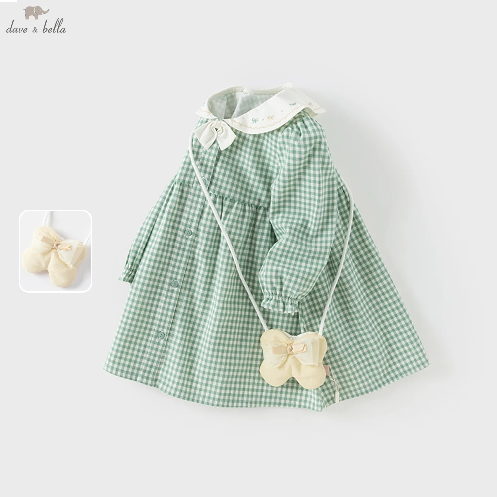 Dave Bella Children Long Sleeve Plaid Dress Spring Cute Girls Cotton Party Princess Dress Autumn Winter Bottom Clothes DB1250940