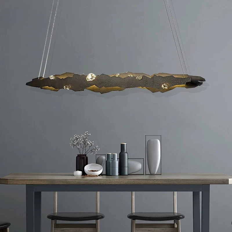 Abstract Irregular Linear Chandelier Black Metal with Crystal LED Pendant Light Modern Art Deco Hanging Lamp for Dining Room