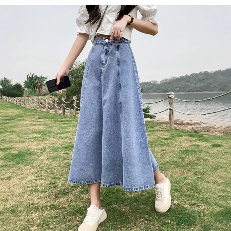 High Waist A-Line Midi Skirt Women's Denim Skirt Summer Slimming Long Skirt Over Knee Fish Tail Casual Cotton Blend Skirt