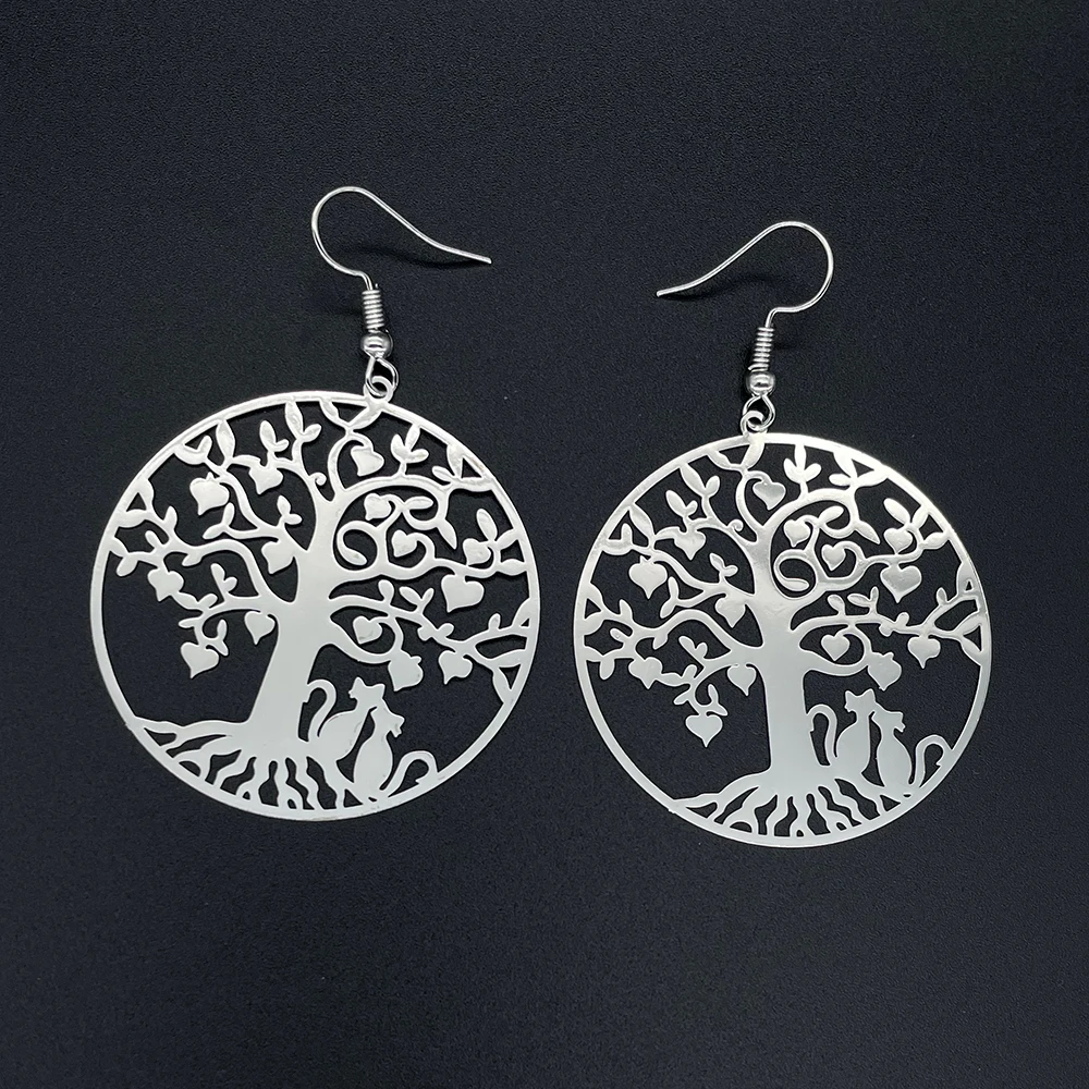 Tree of Life with Hearts Earrings Exquisite Filigree Jewellery Couple Cats Sitting Under the Tree with Love