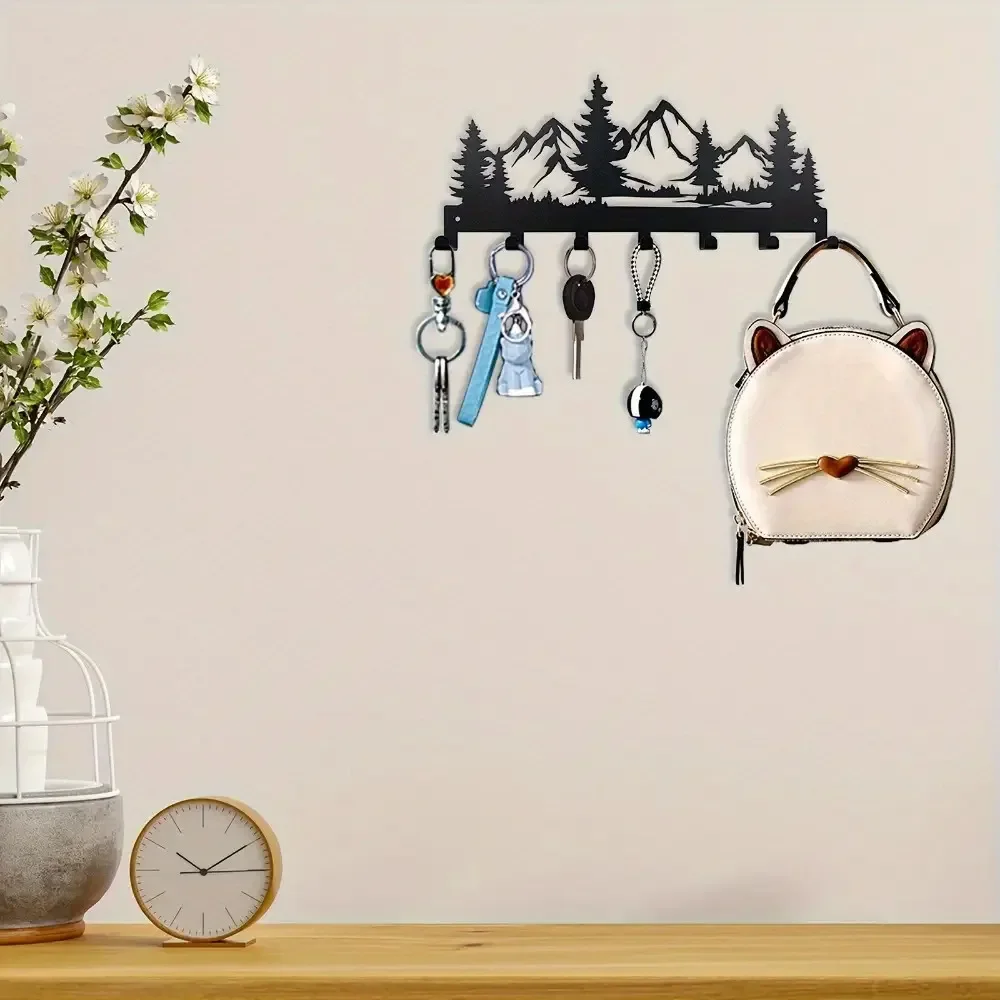 【2D Flat】Mountain Forest Metal Wall Hook Rack - Stylish Organizer for Keys, Jackets, Hats & Wallets - Rustproof Entryway
