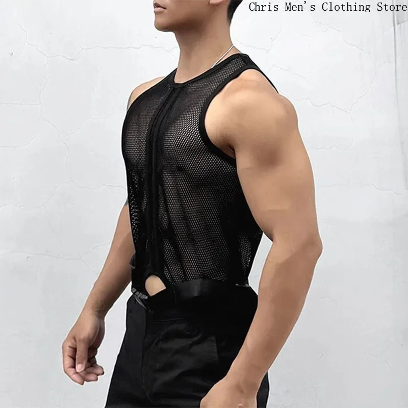 New Sexy Sheer Gauze Muscle Men's Tank Top, Breathable Cool Motorcycle Street Fashion Vest, Bar Club Party Men's Performance Top