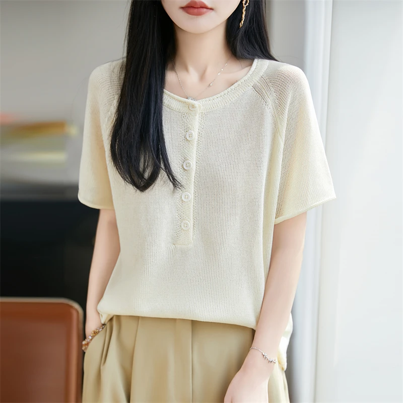 2026 Summer New Women's Short Sleeve Knitted Round Neck Linen T-shirt Basic Women's Pullover Short Sleeve Fashion Hot Sale