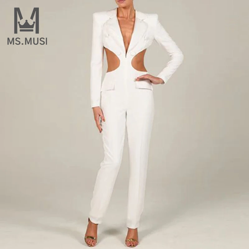 Msmusi 2025 nova moda feminina sexy turn down collar pena oco para fora sem costas bodycon festa clube lápis calça senhora macacão