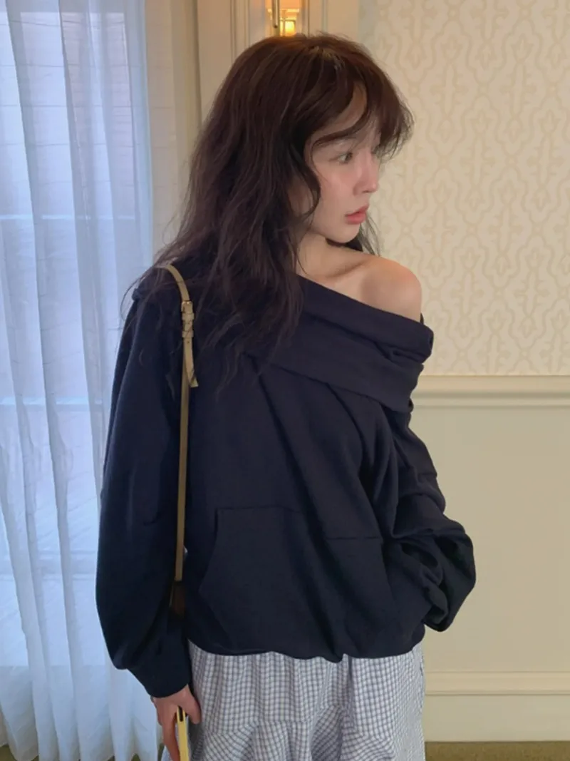 Korean Hoodie oulder Bared One-oulder Sweatirt Loose Fit Long  Pure Color Commute Friendly