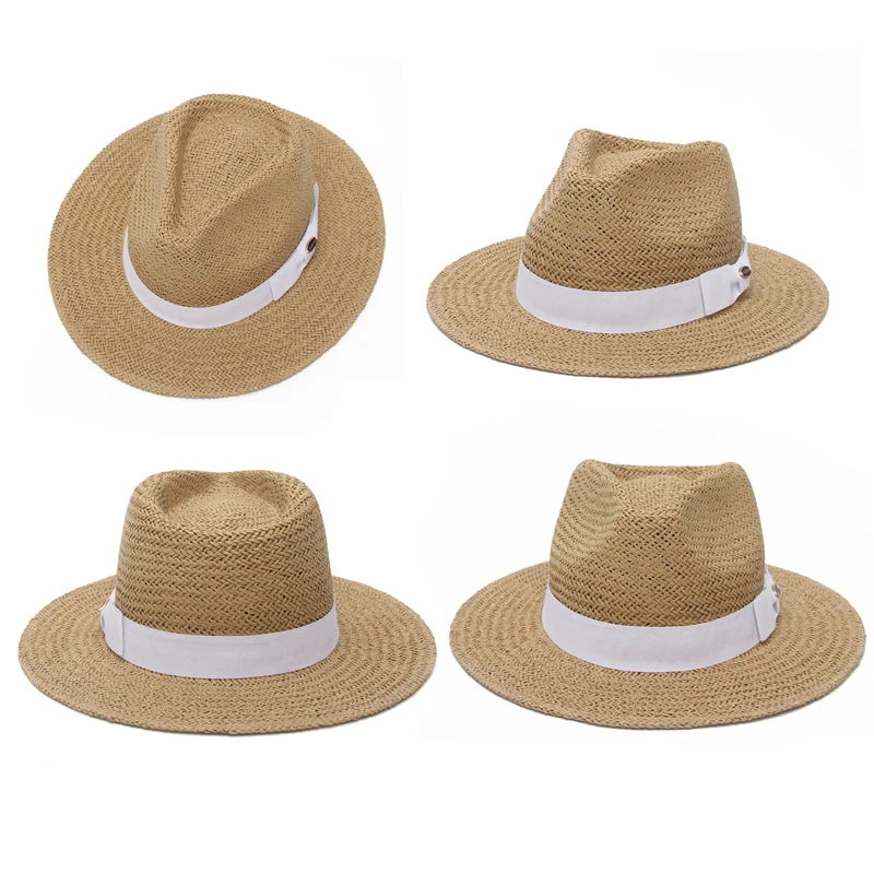 Women Men Wide Brim Straw Summer Panama Hats Bowknot Sun Beach Fedora Hat with White Belt