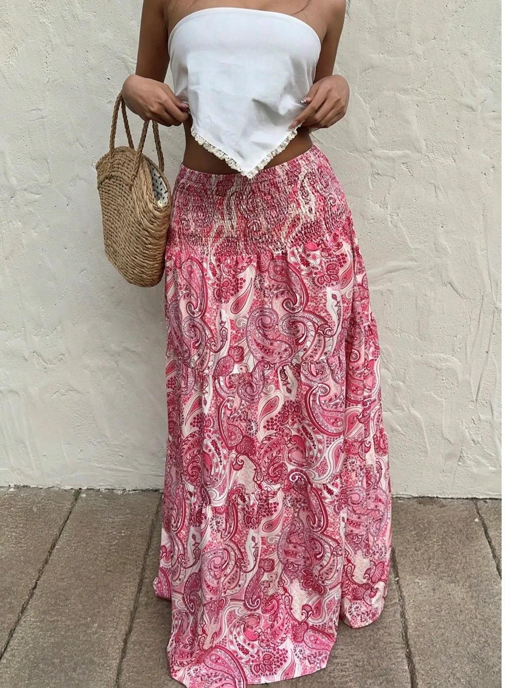 Bohemian Print High Waist Elastic A-Line  Skirt Summer Holiday Fashionable Travel Wear Women's Soft Comfortable Polyester...