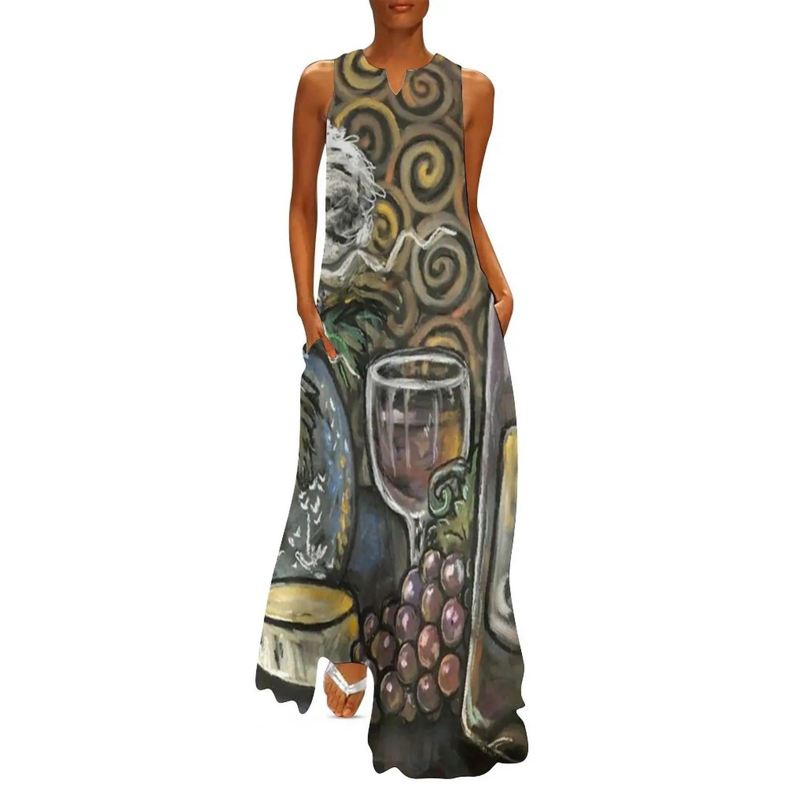 Wine Swirl / Red Wine / Grapes / Wine Glass Cheese wheel Still life Long Dress party dresses woman women's summer dresses 2025