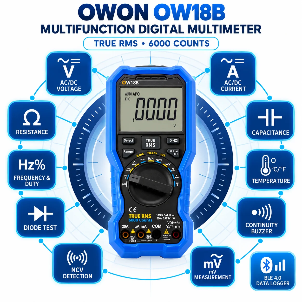 OWON OW18B 6000 Counts True RMS Smart Bluetooth Digital Multimeter AC DC 1000V 20A NCV Data Logger Temperature Tester