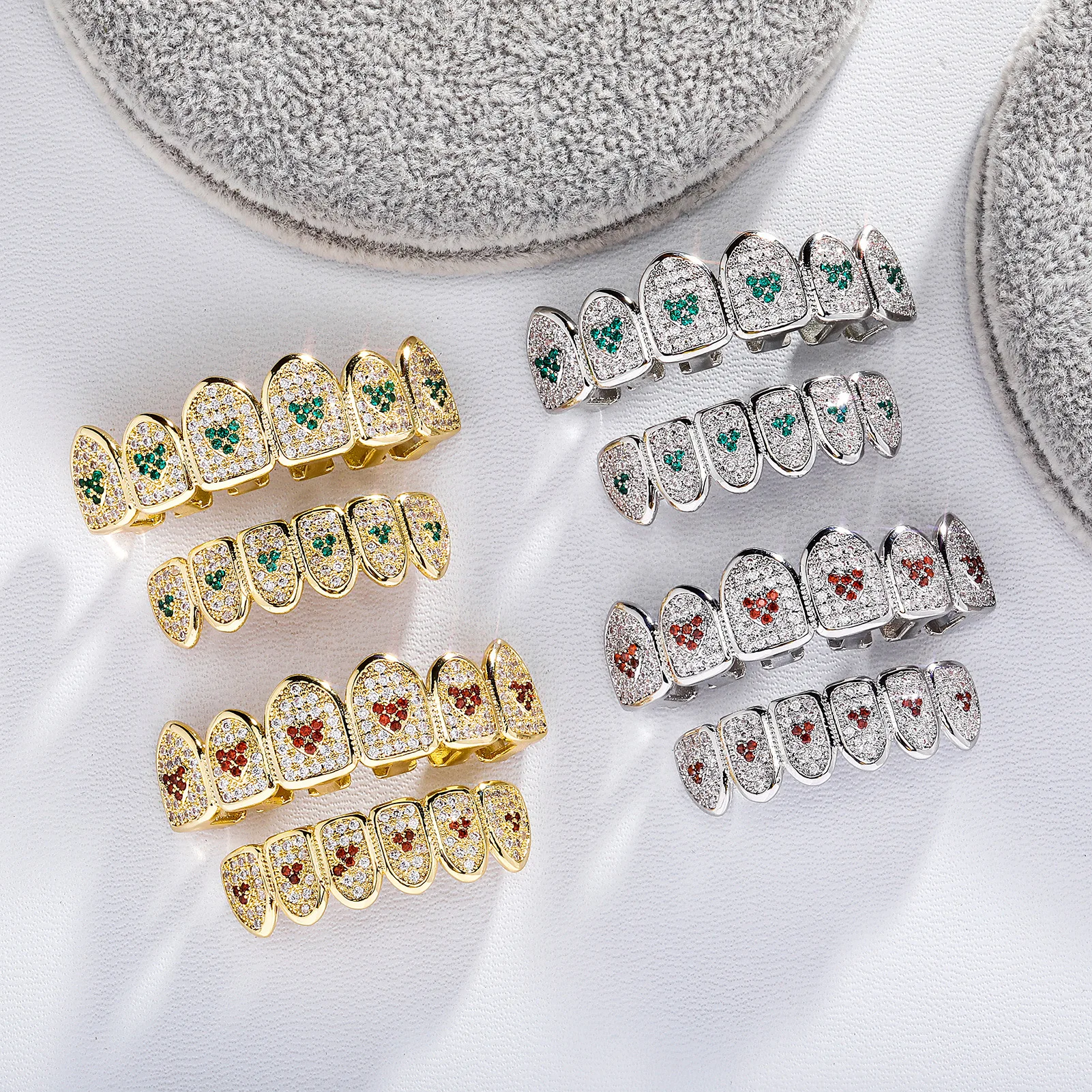 Silver Plated Heart Tooth Grillz Full CZ Iced Out Teeth Cap Hip Hop Jewelry Fashion Streetwear Mouth Accessory