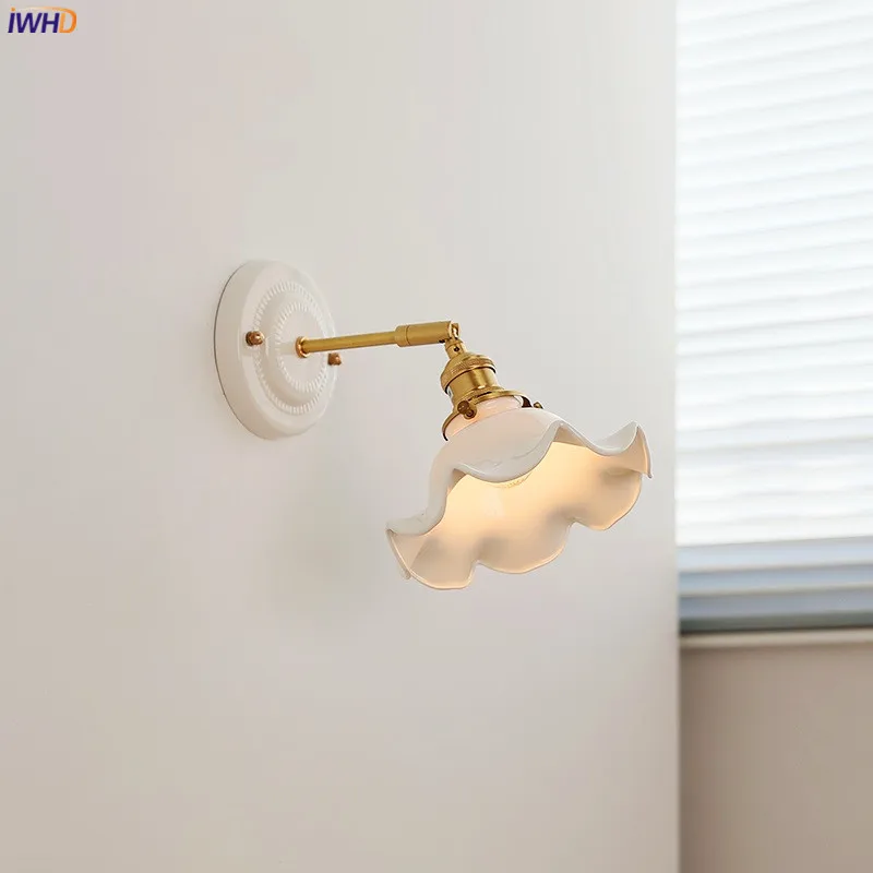 IWHD 2023 New Modern LED Wall Lamp Ceramic Canopy Lampshade Copper Arm Socket Bedroom Bathroom Mirror Stair Light Home Indoor