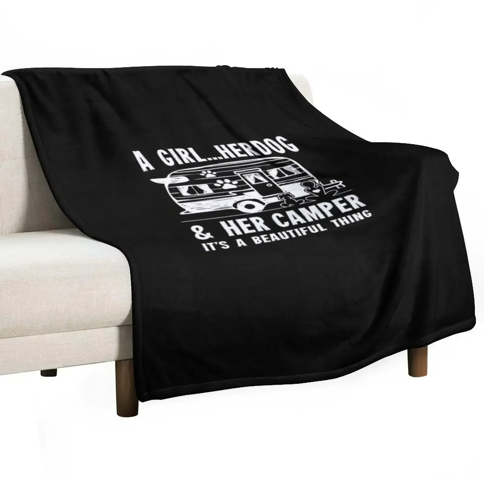 

Camping T Shirt Camping Girl A Girl Her Dog And Her Camper Camper Campfire Gifts Tee Throw Blanket blankets and throws Blankets