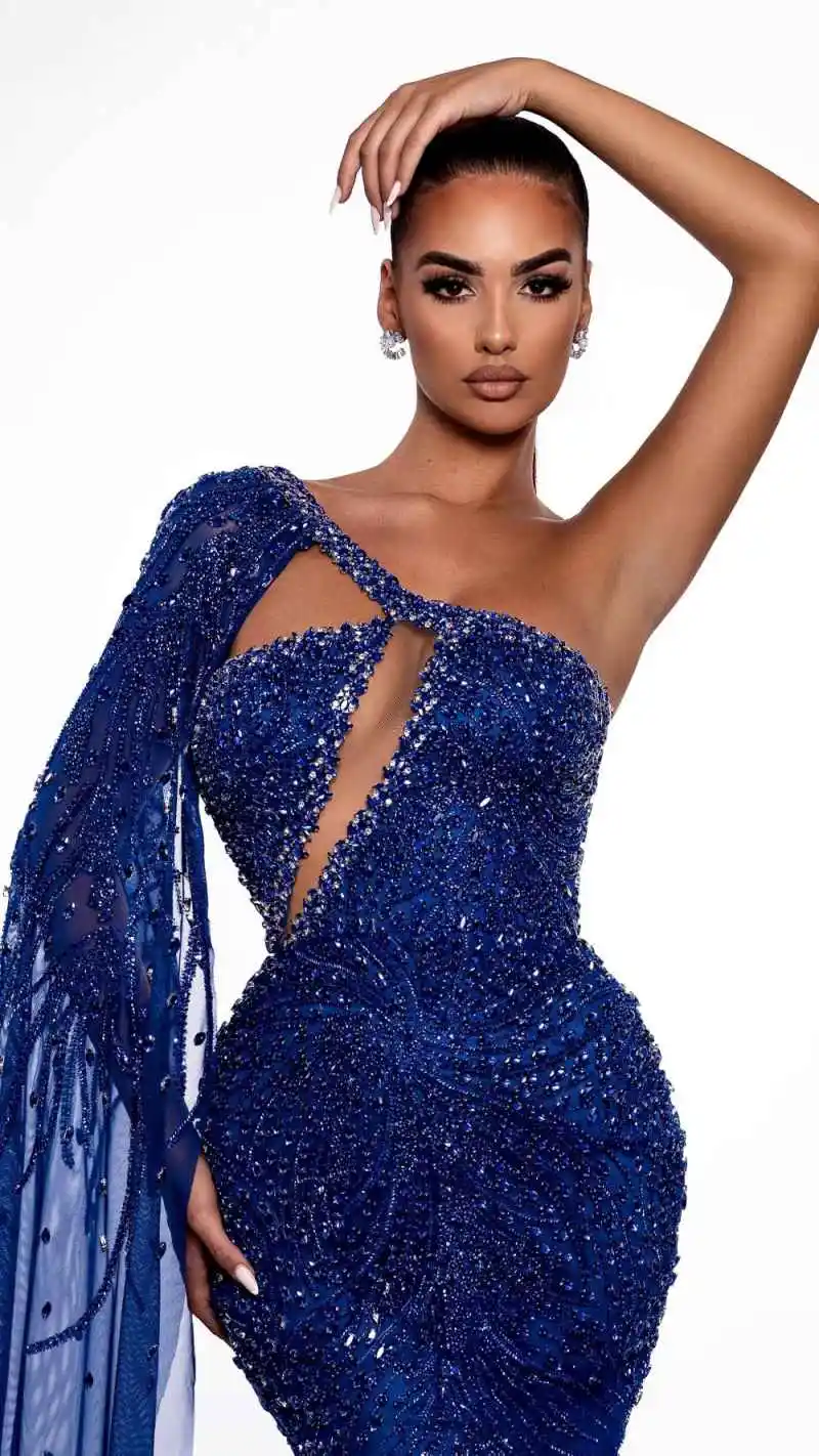 Elegant Prom Dress Mermaid Evening Dress Sleeveless One Shoulder Sequins Appliques Shine Lace vestidos de novia Size Customized