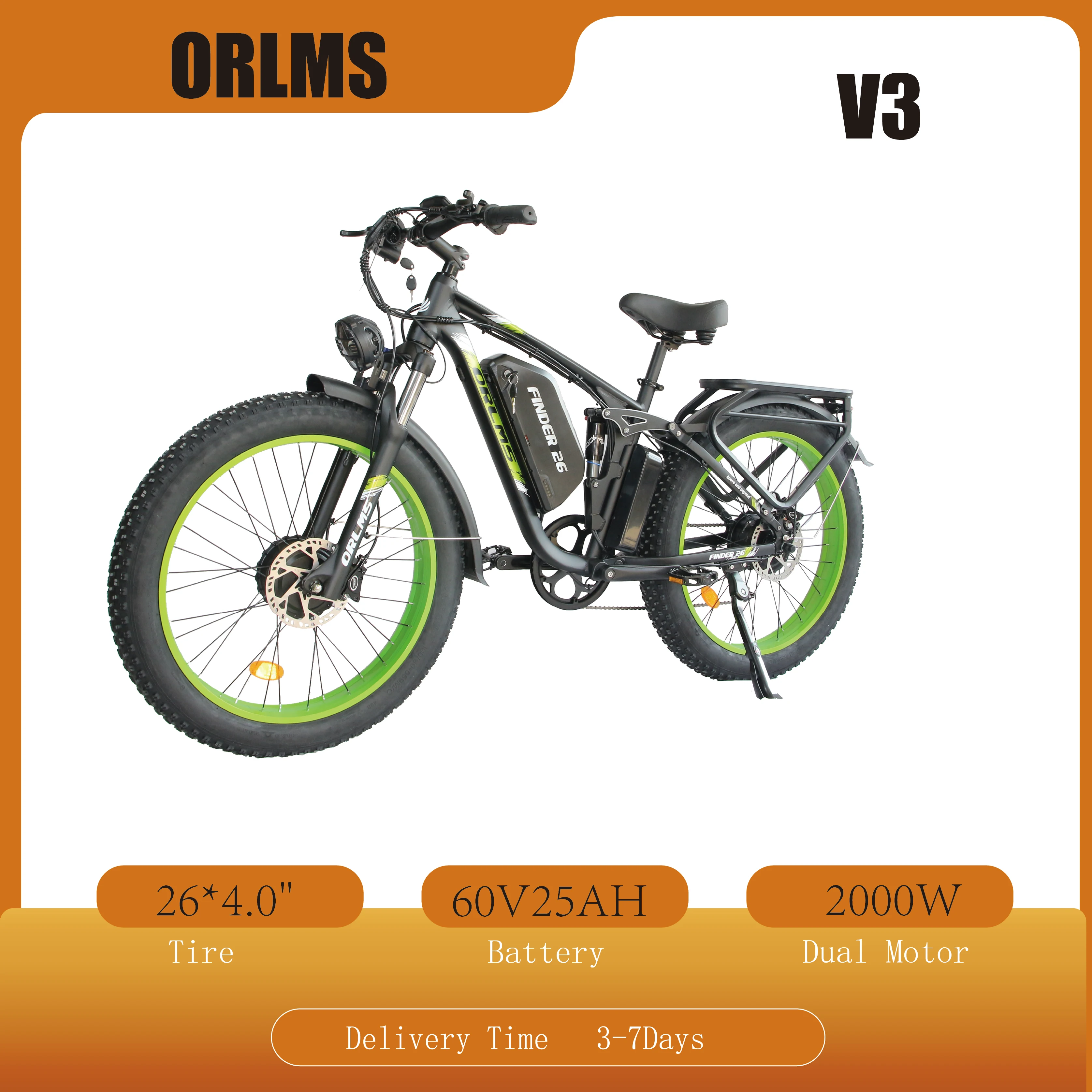 ORLMS FINDER26 V3 Electric Bike High Speed 2000W Dual Motor 60V 25Ah 26"x4.0 Fat Tire Off-Road Adult E-Bicycle Hydraulic Brake