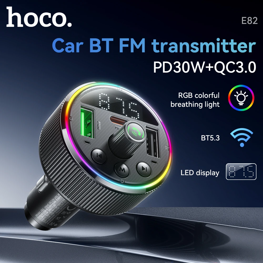 

HOCO E82 Car Bluetooth 5.3 FM Transmitter For Wireless Hands Free Phone Call with PD30W QC3.0 Quick Charge Adapter LED Display