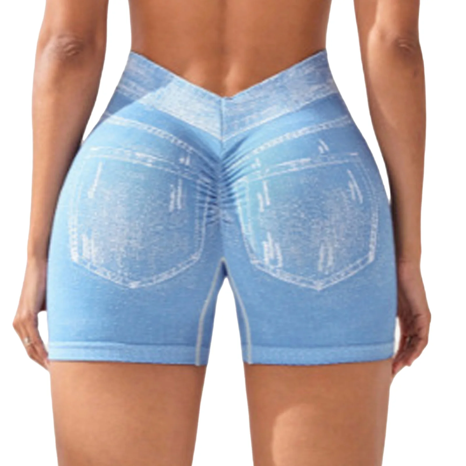 Pantaloncini da yoga elasticizzati senza cuciture stampati in denim da donna Cintura elastica Pantaloncini posteriori con volant alla moda per pantaloncini da ciclismo sportivi da corsa