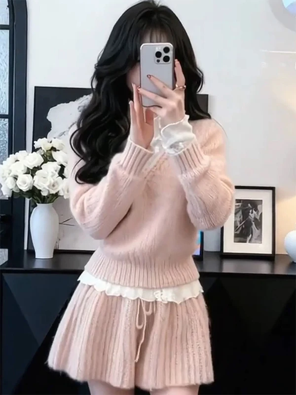 

Pink Knitted Sweater Set with Waist-Cinching ort Skirt Sle Women's Faion Autumn Winter High Waist Lace Casual Wear