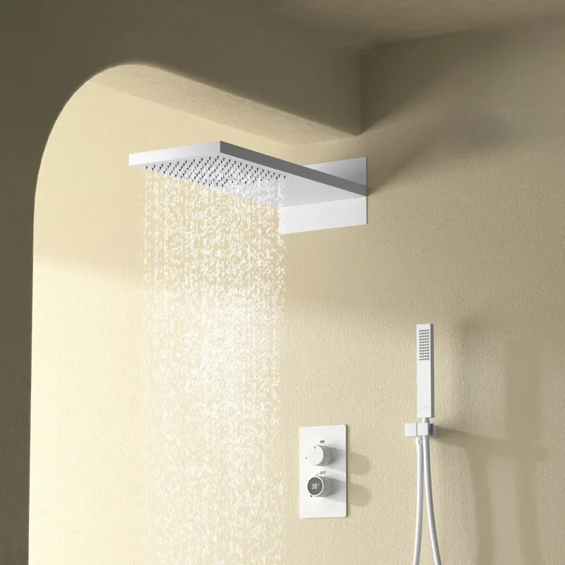 

Minimalist Copper Shower System with Embedded White Ceiling and Hot and Cold Digital Display for Home and Hotel