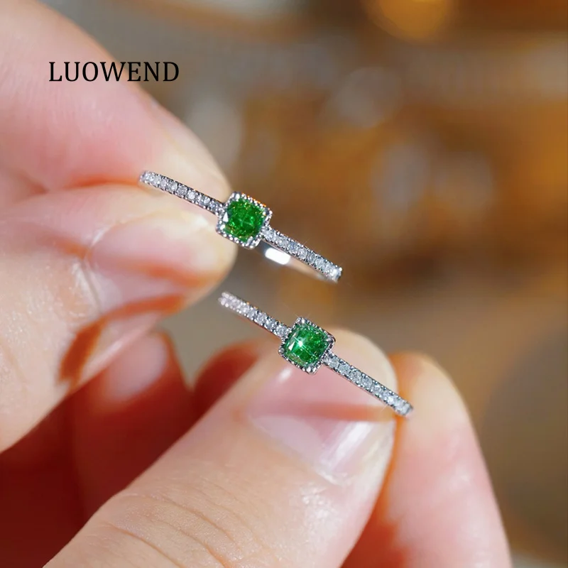 LUOWEND 100% 18K White Gold Rings Fashion INS Style Real Natural Green Diamond Engagement Ring for Women High Wedding Jewelry