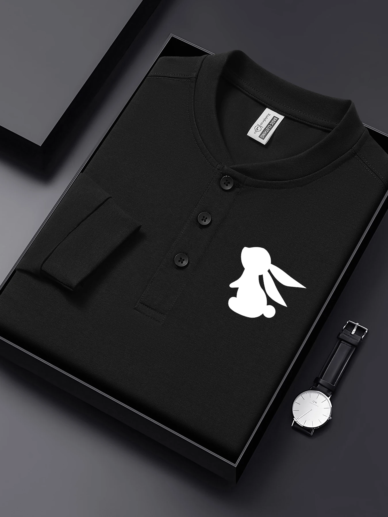 

Мужские футболки с простым принтом кролика, универсальная хлопковая рубашка на пуговицах, деловая рубашка с длинными рукавами, повседневная уличная одежда с вырезом Генри