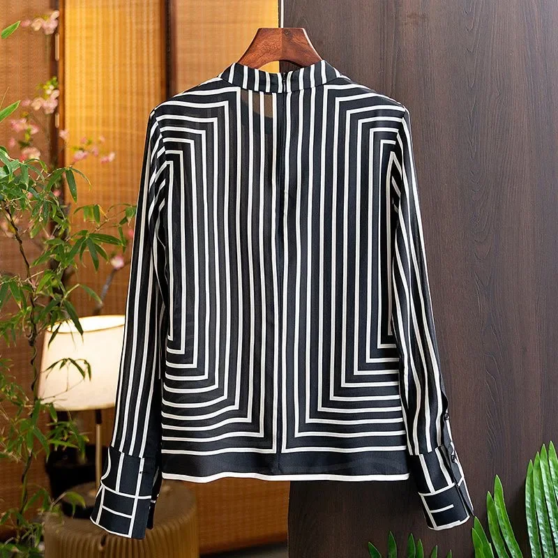 Silk Stripe Women\'s Blouses Summer 2023 Geometric Print Long Sleeves Shirts Loose Korean O-Neck New Casual Top