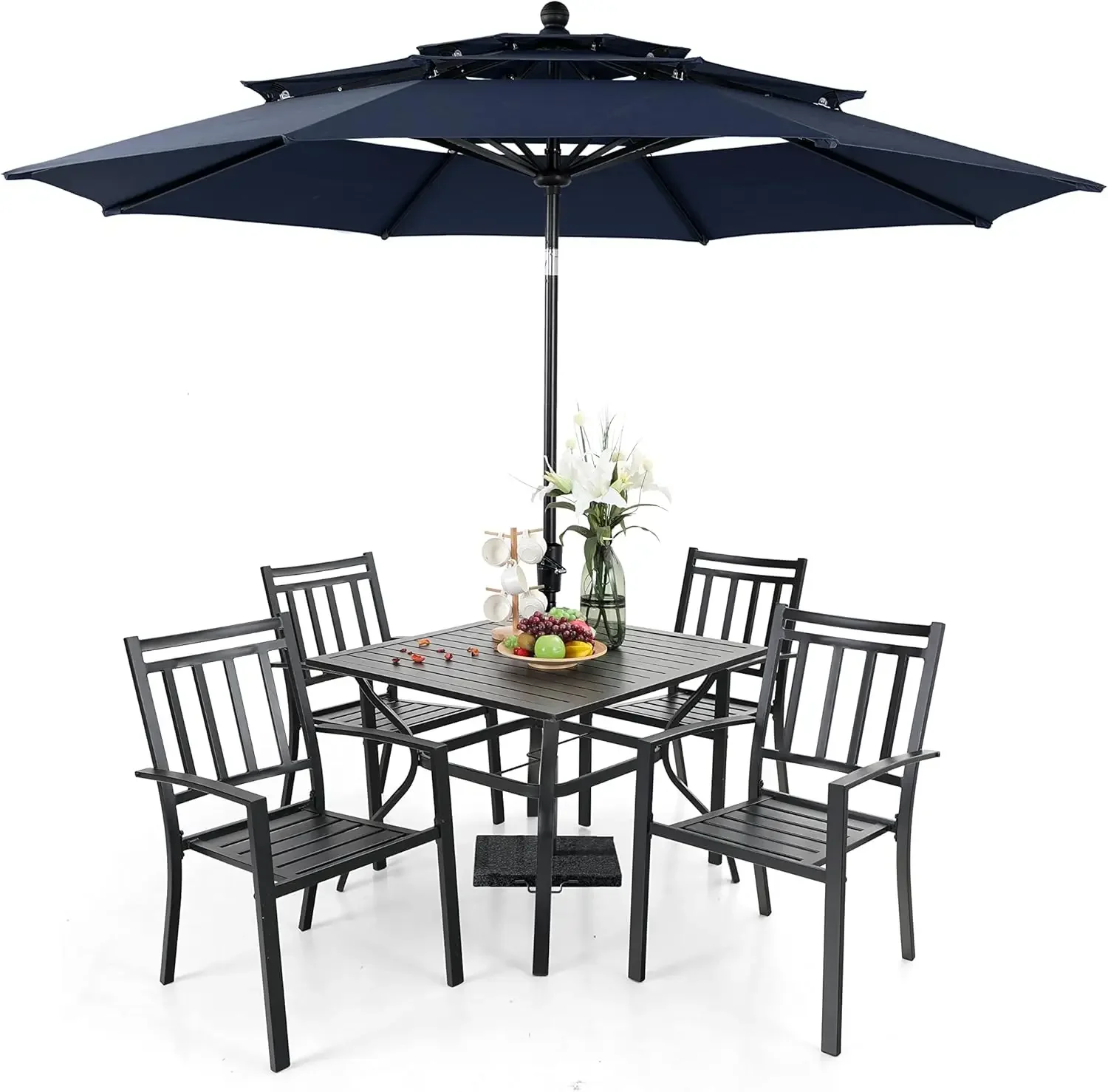 Outdoor Furniture Dining Set 6 PCS with 10ft 3-Layer Round Umbrella1 Square 37