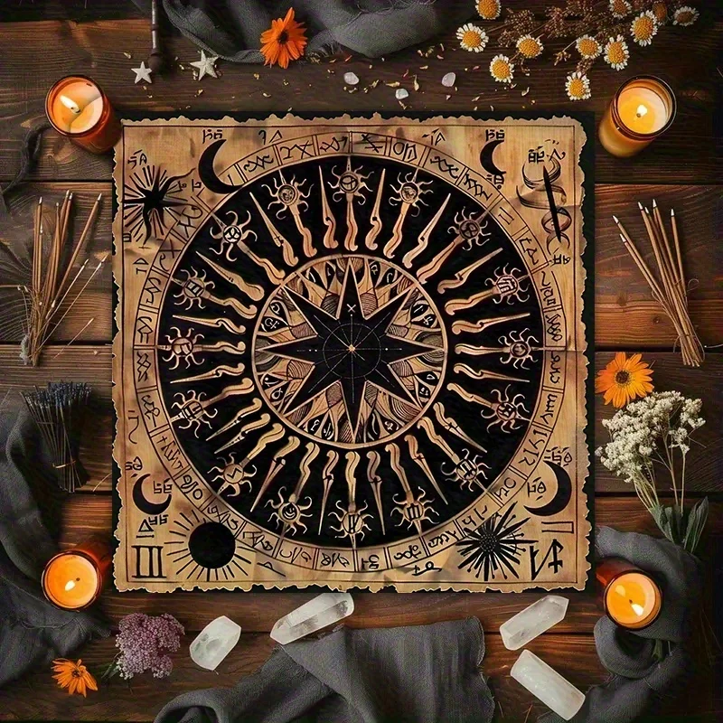 Premium Polyester Tarot Tablecloth with Zodiac & Celestial Symbols – Durable, Washable for Meditation & Spiritual Decor