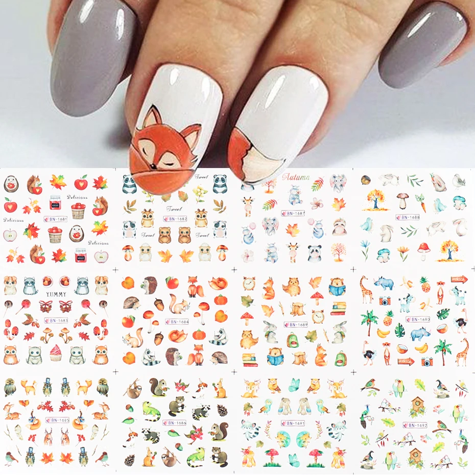 Autumn Animals Designs Nails Stickers Set Fox Bunny Elephant Nail Art Water Transfer Sliders Thanksgiving Manicure BEBN1681-1692