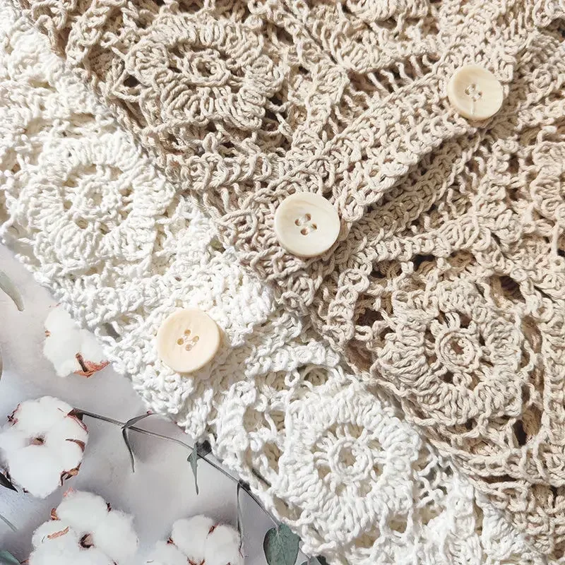 Cárdigan de algodón con chal pequeño de encaje para mujer, cárdigan hueco versátil informal liso de manga larga con cuello redondo para primavera y verano 2025