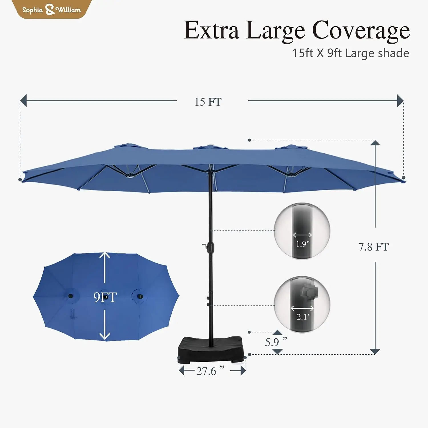 15ft Extra Large Outdoor Patio Umbrella with Base Included, Haze Blue |  Rectangular Outdoor Umbrella Heavy Duty,Customized