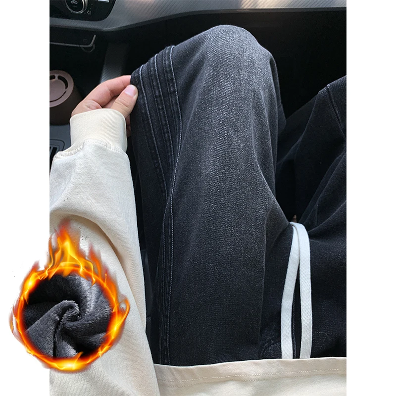 

Зимние мужские теплые флисовые джинсы, корейские модные свободные шерстяные широкие брюки с прямой подкладкой, синие бархатные мешковатые повседневные брюки в стиле ретро