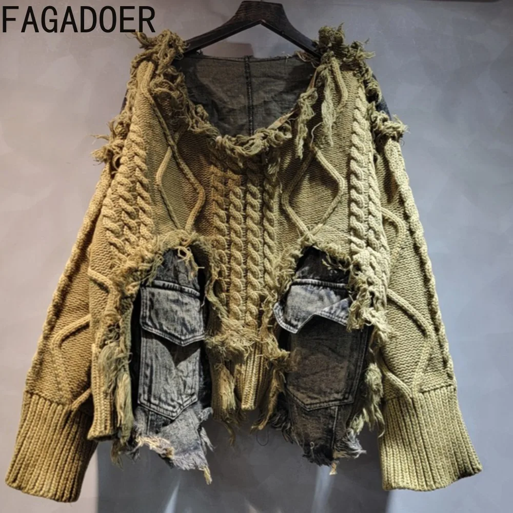 

FAGADOER Sexy Knit Denim Patchwork Pullover for Woman Solid Color Long Sleeves Pocket Tops Female Streetwear Clothing Winter New
