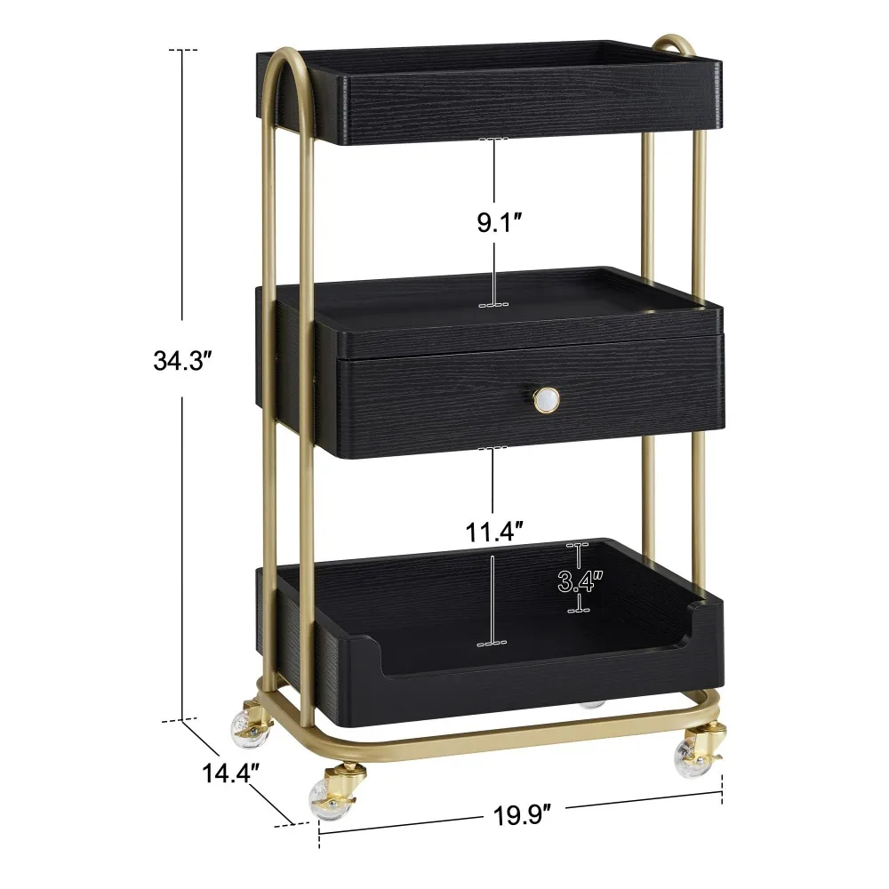 3-Tier Salon Trolley Cart with Drawer, Metal Frame Black 2086